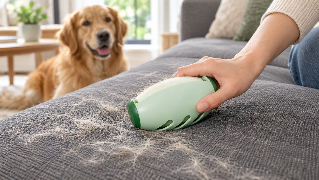 Reusable pet hair remover roller on a sofa with dog hair