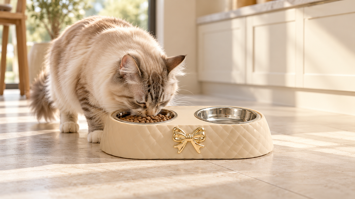 Cat eating from a raised double cat bowl