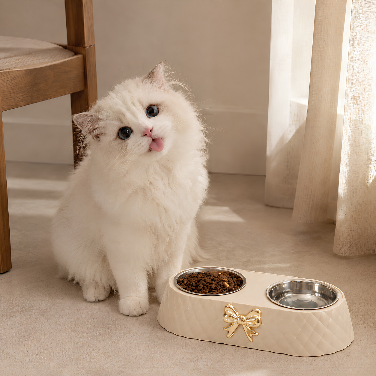 Raised double cat bowl displayed in a modern pet feeding space