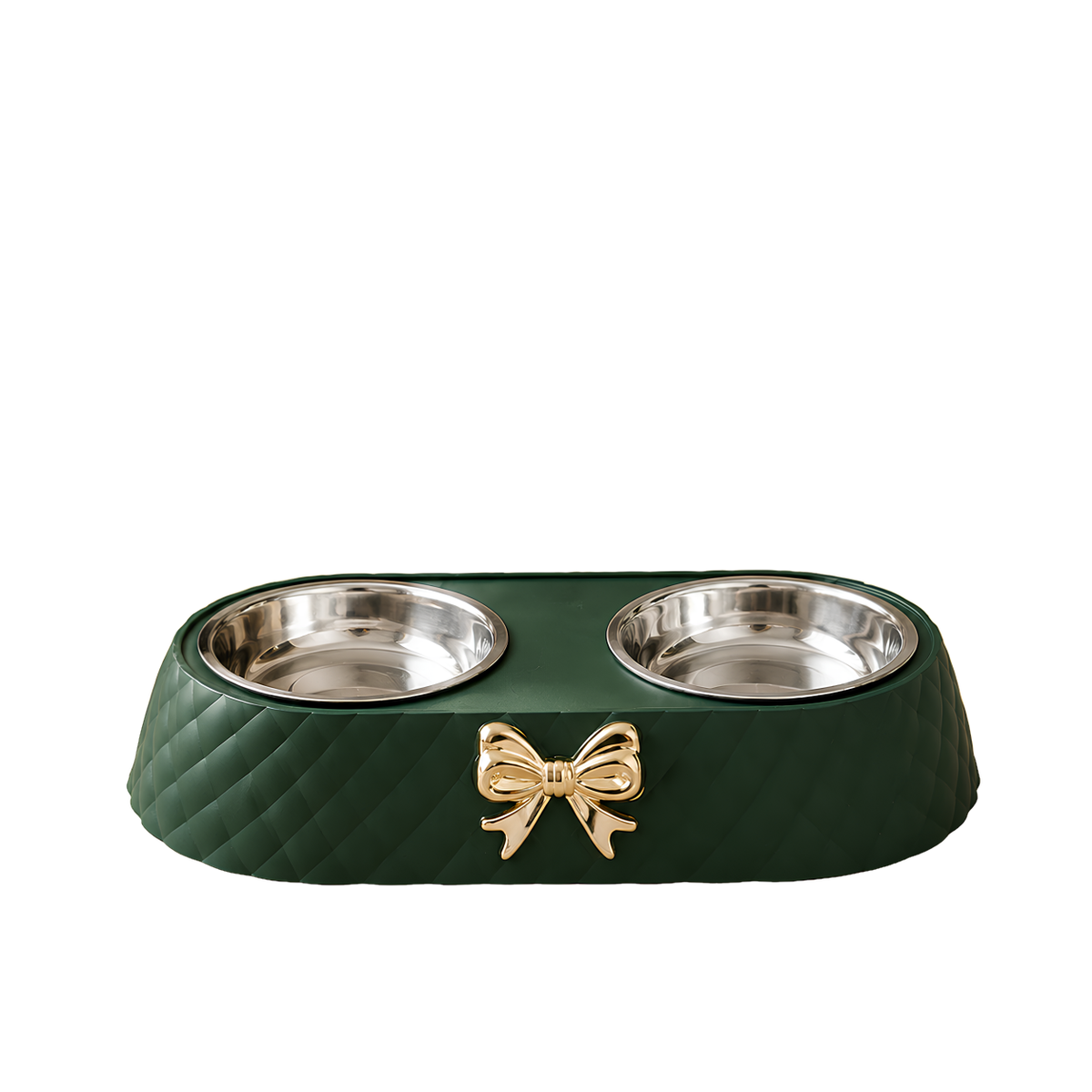 Green raised double cat bowl with removable stainless steel bowls