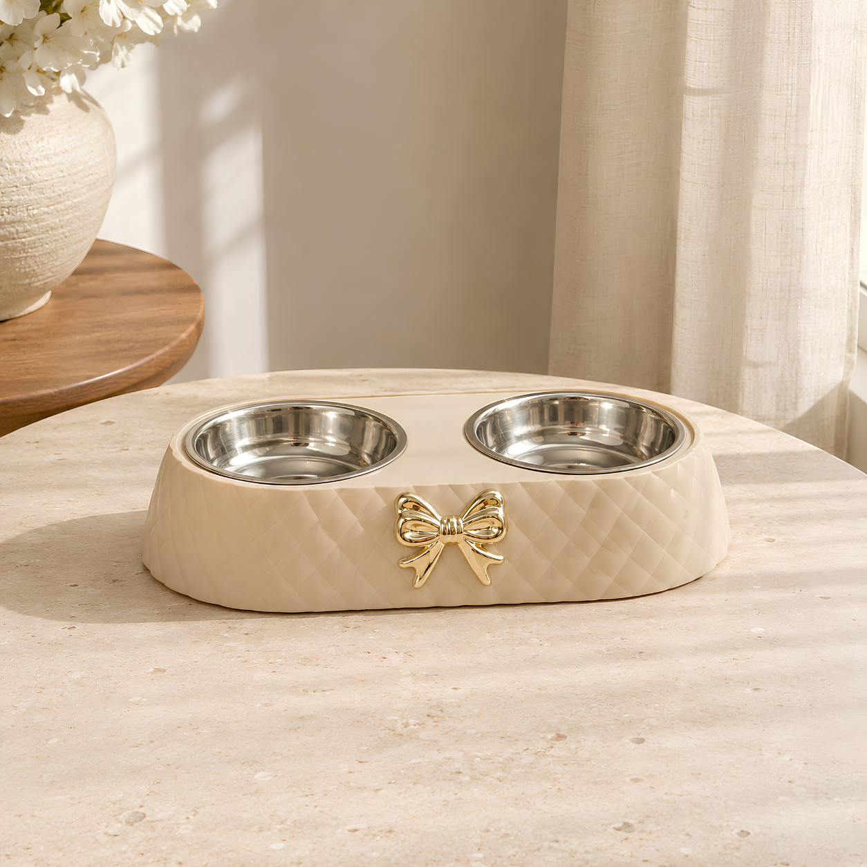 White raised double cat bowl with decorative gold bow detail
