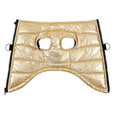 Waterproof metallic puffer dog jacket detail view