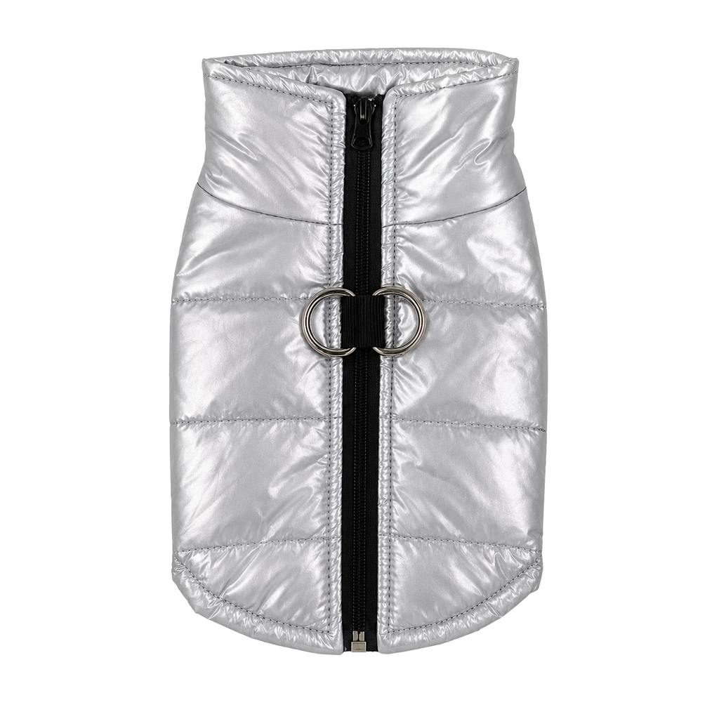 Waterproof metallic puffer dog jacket in silver
