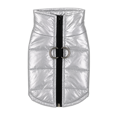 Waterproof metallic puffer dog jacket in silver